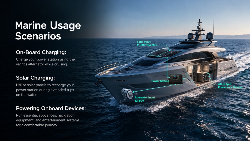 Marine usage scenarios showing onboard charging, solar charging, and powering onboard devices from an Alpha Tech-compatible power system aboard a yacht.